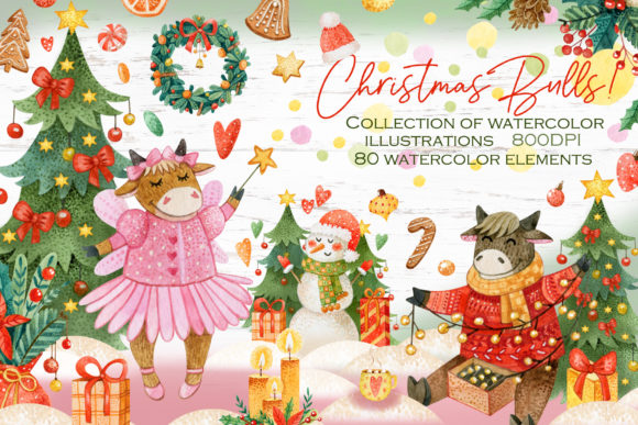 Christmas Bulls 2021 Illustrations for Festive Design Projects