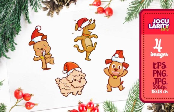 Cute Kawaii Christmas Dog in Actions Illustrations