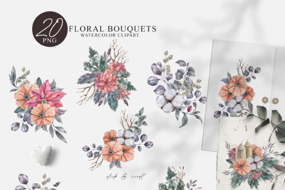 Watercolor Christmas Bouquet Clipart Set